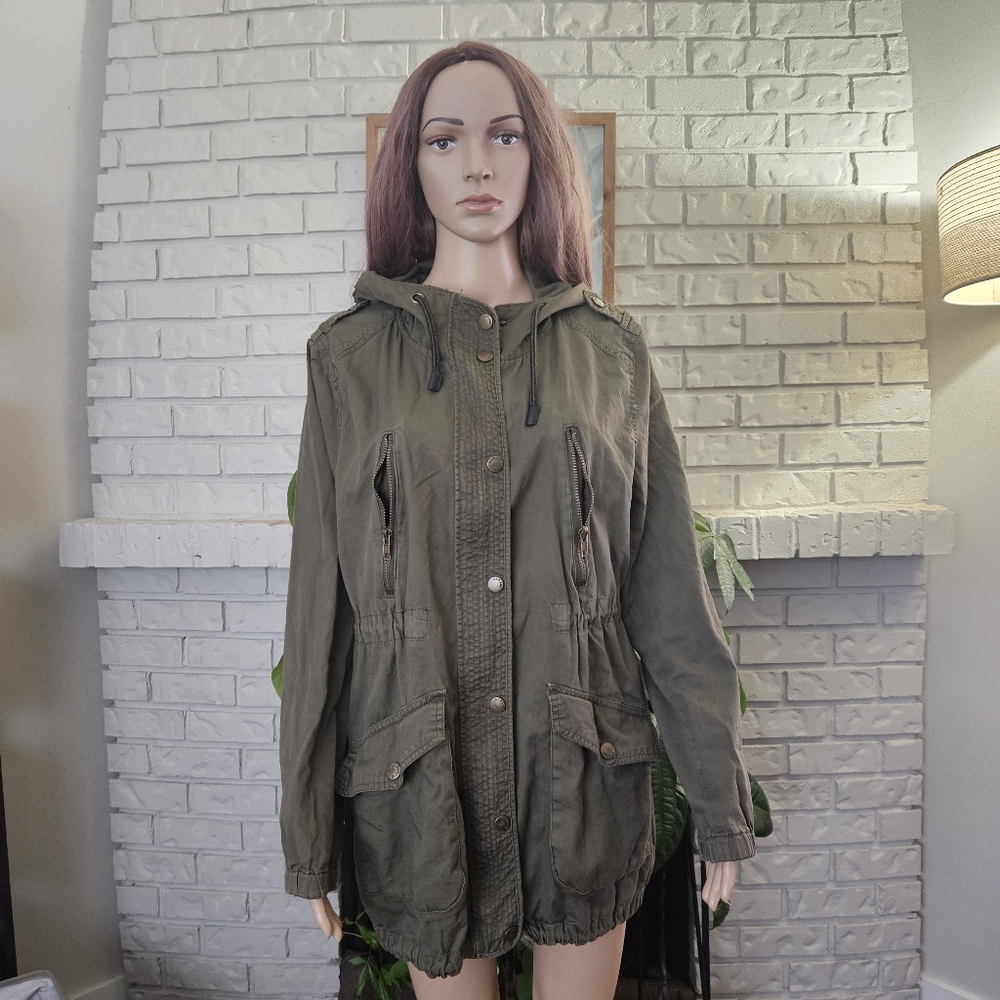 Garage Olive Gree  Utility Jacket with Hood Long Line Y2K